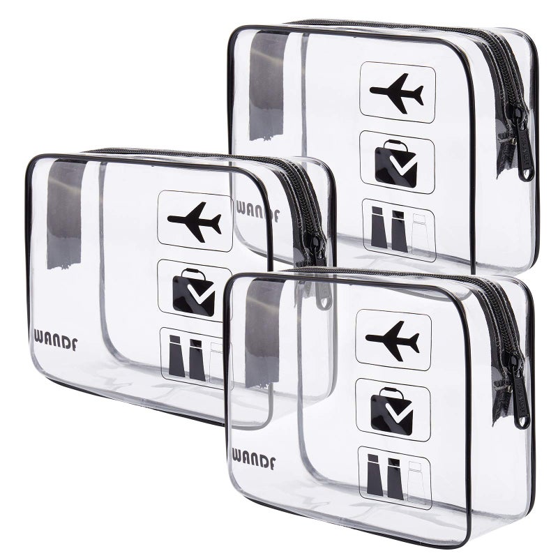 WANDF TSA Approved Toiletry Bag  2 Packs Travel Clear Toiletry Bag  Quart Size Makeup Cosmetic Pouch with Zipper  Carry-On Airport Compliant Bag for Women and Men(3 pcs  Black) - Image 1